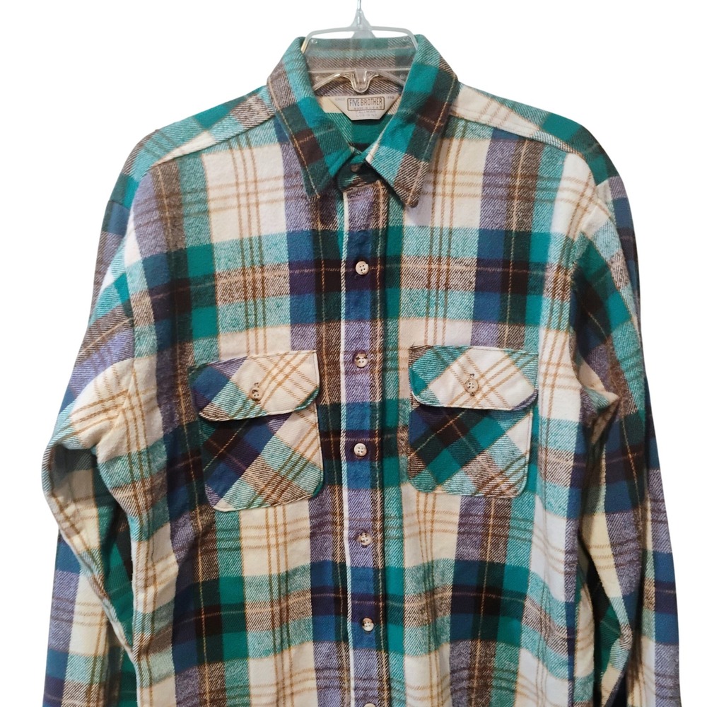 Vintage Five Brother Flannel Shirt Mens Large Tall Teal Plaid Made in USA